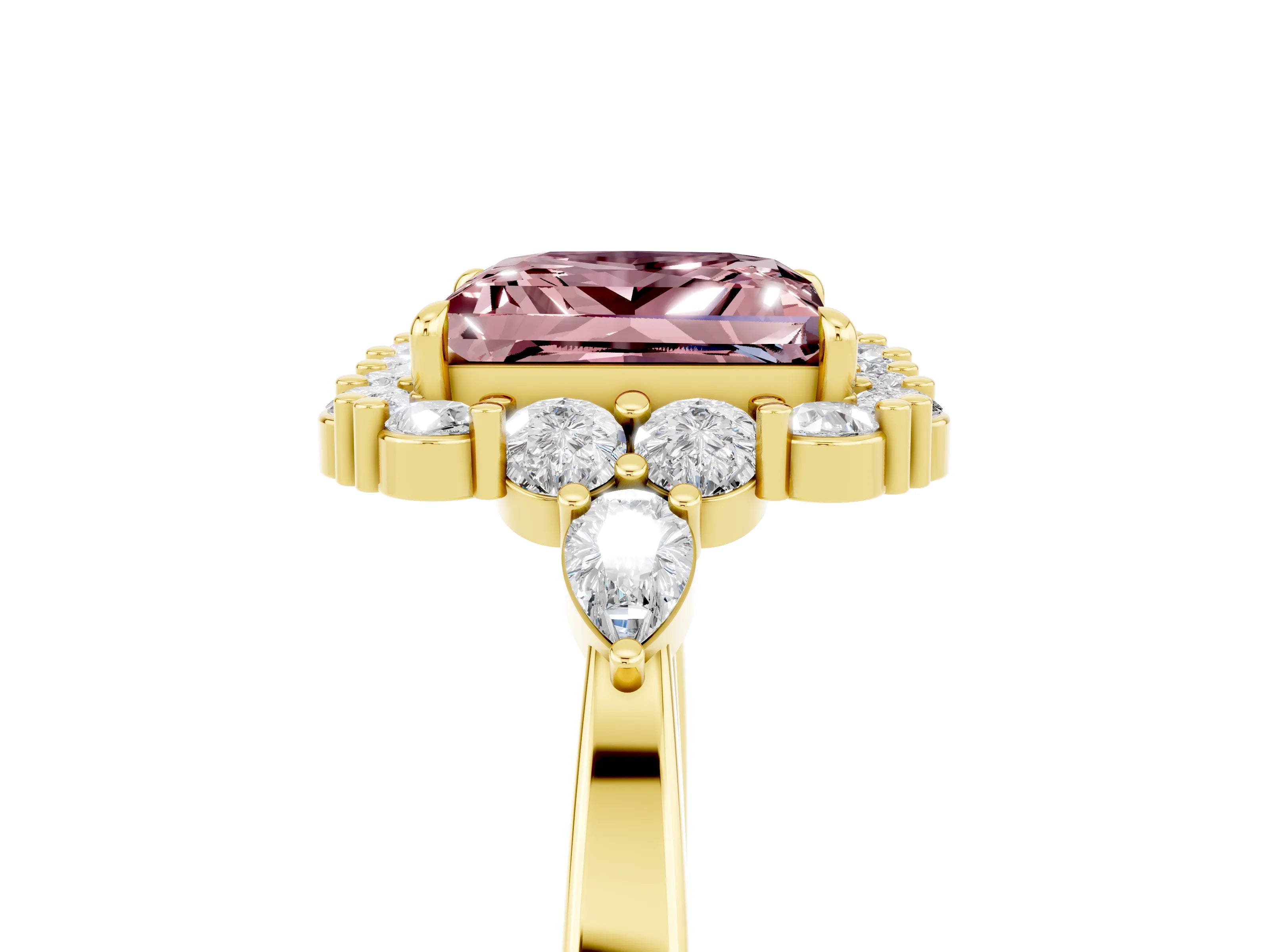 Yellow gold Princess Cut Morganite Halo Ring with Pear Side Stones and Prong Setting_17