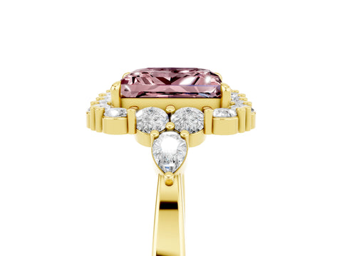 Yellow gold Princess Cut Morganite Halo Ring with Pear Side Stones and Prong Setting_17