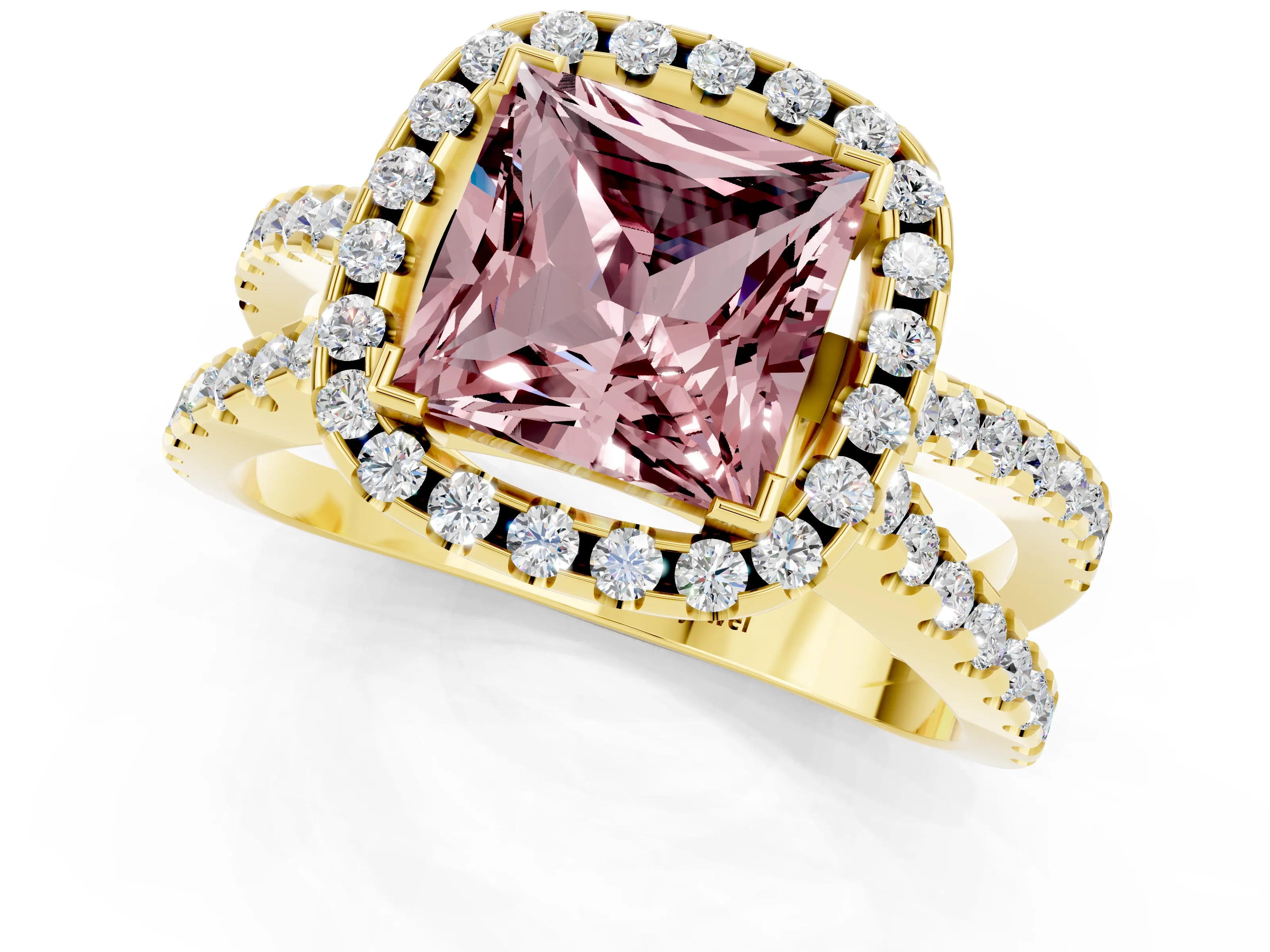 Yellow gold Princess Cut Morganite Halo Ring with Split Shank Pavé Band and Prong Setting_1