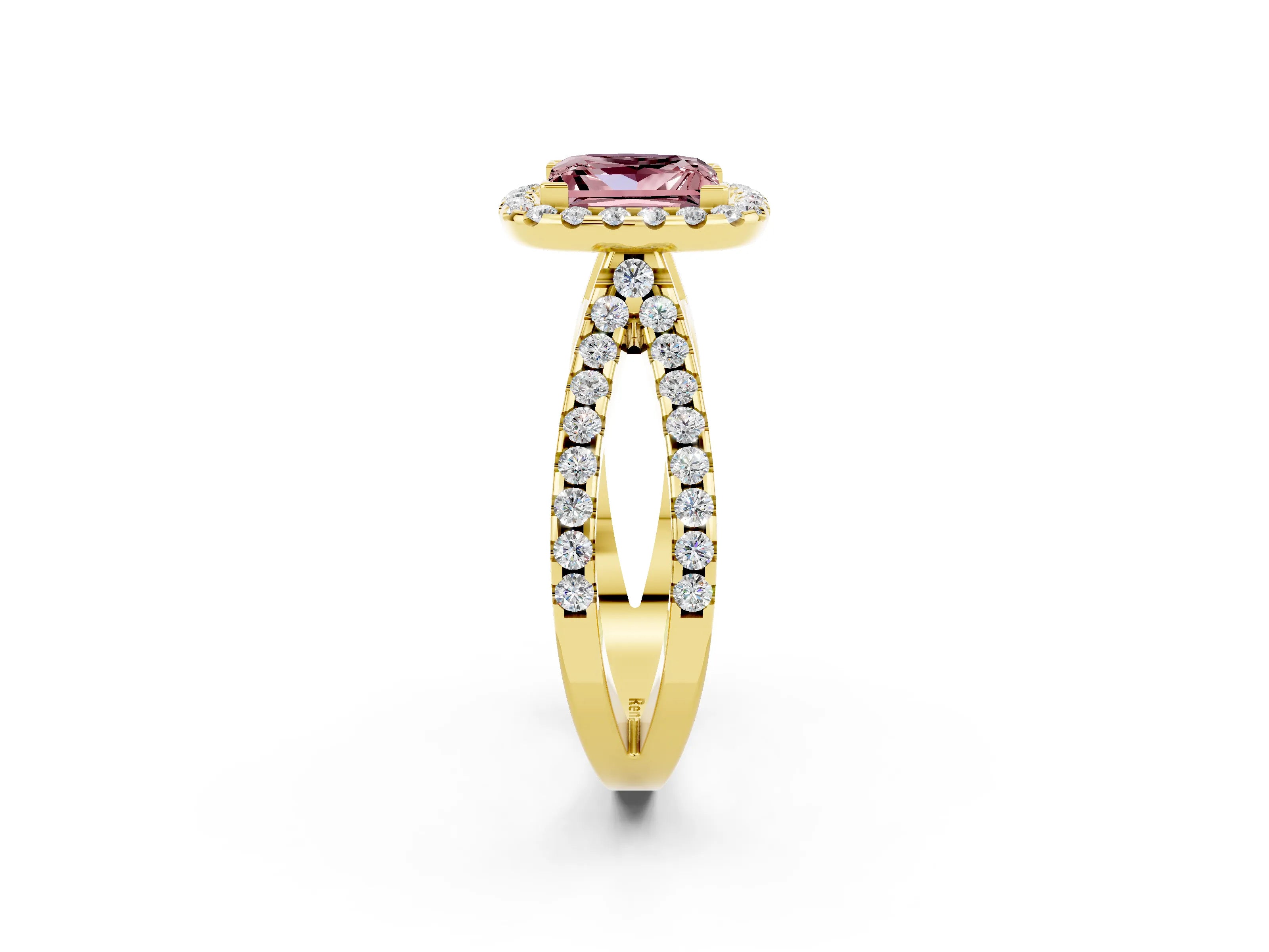 Yellow gold Princess Cut Morganite Halo Ring with Split Shank Pavé Band and Prong Setting_2