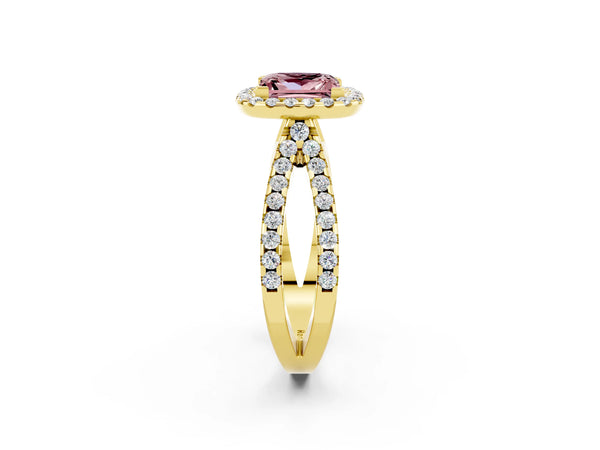 Yellow gold Princess Cut Morganite Halo Ring with Split Shank Pavé Band and Prong Setting