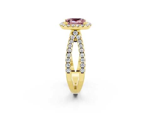 Yellow gold Princess Cut Morganite Halo Ring with Split Shank Pavé Band and Prong Setting_2