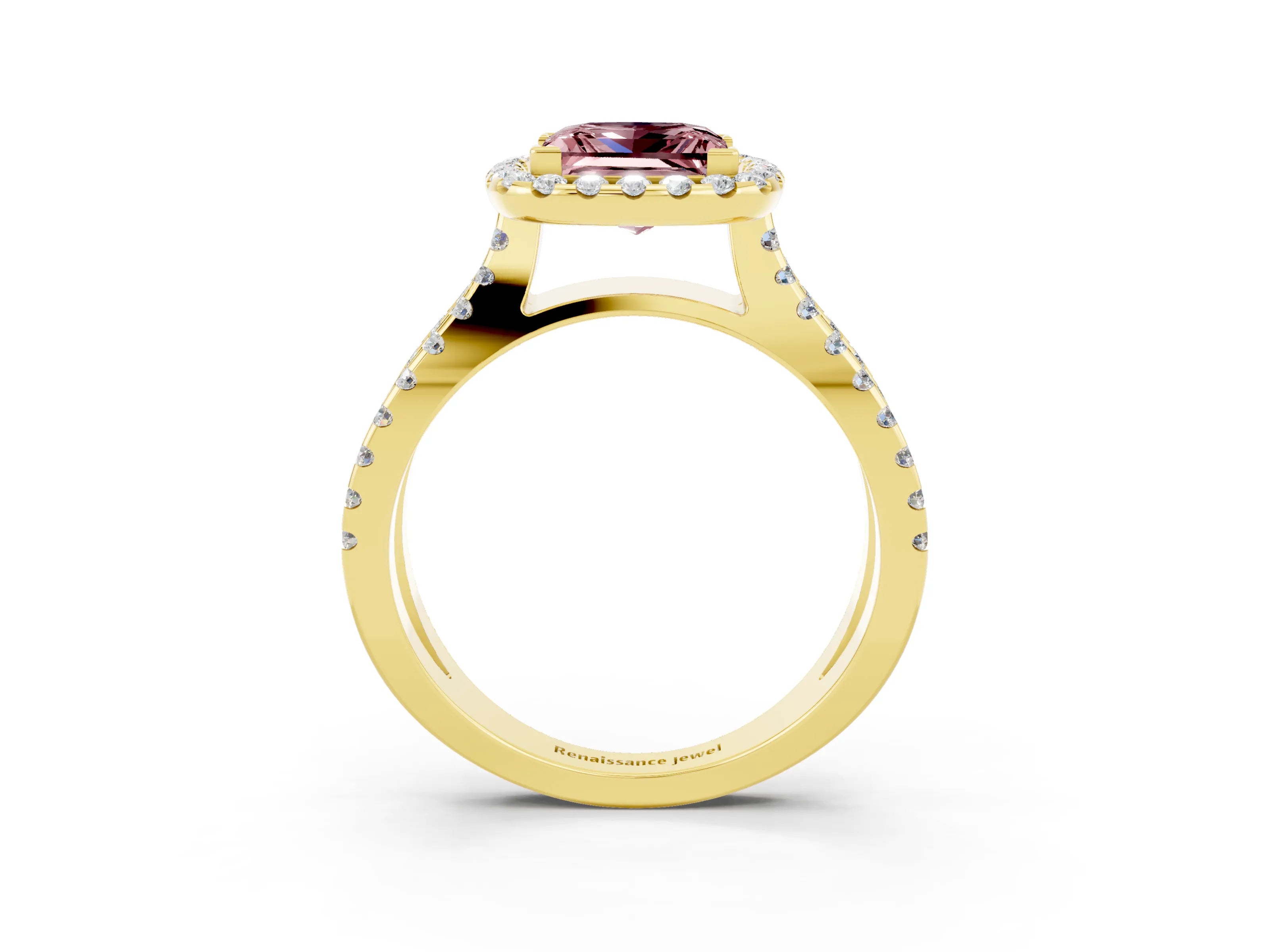 Yellow gold Princess Cut Morganite Halo Ring with Split Shank Pavé Band and Prong Setting_3