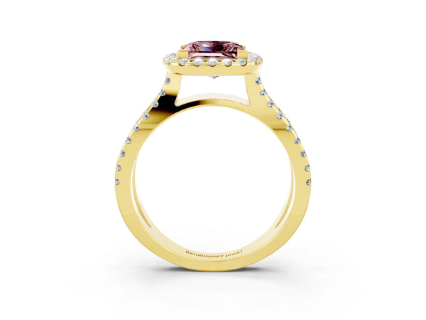 Yellow gold Princess Cut Morganite Halo Ring with Split Shank Pavé Band and Prong Setting