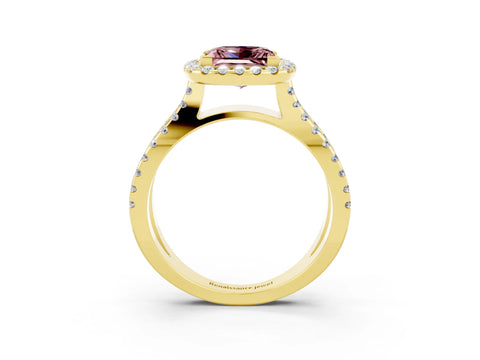 Yellow gold Princess Cut Morganite Halo Ring with Split Shank Pavé Band and Prong Setting_3