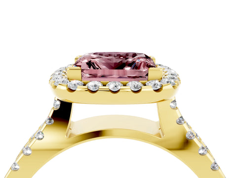 Yellow gold Princess Cut Morganite Halo Ring with Split Shank Pavé Band and Prong Setting_4