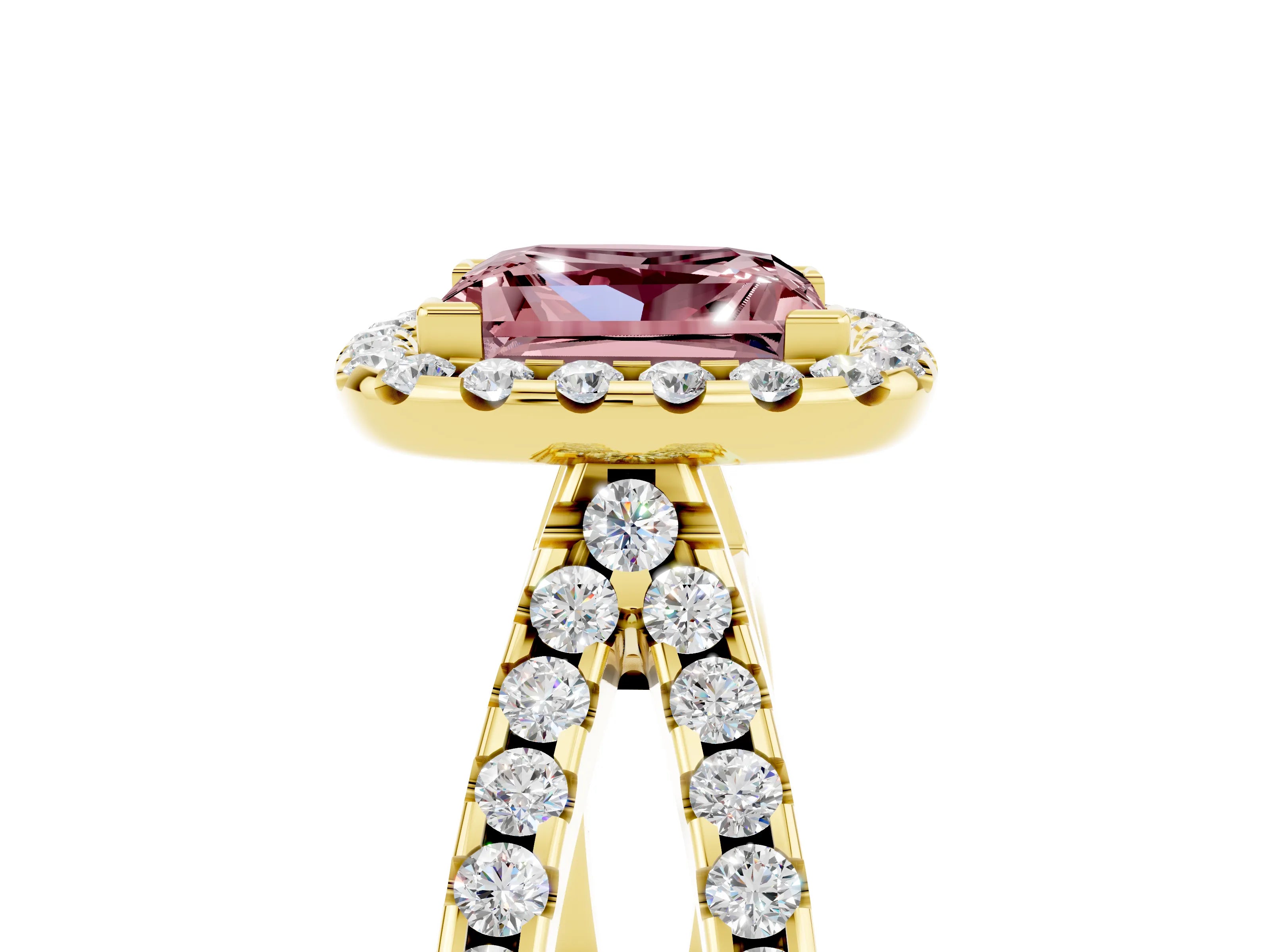 Yellow gold Princess Cut Morganite Halo Ring with Split Shank Pavé Band and Prong Setting_5
