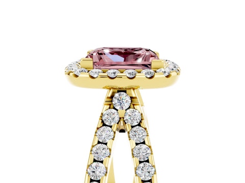 Yellow gold Princess Cut Morganite Halo Ring with Split Shank Pavé Band and Prong Setting_5