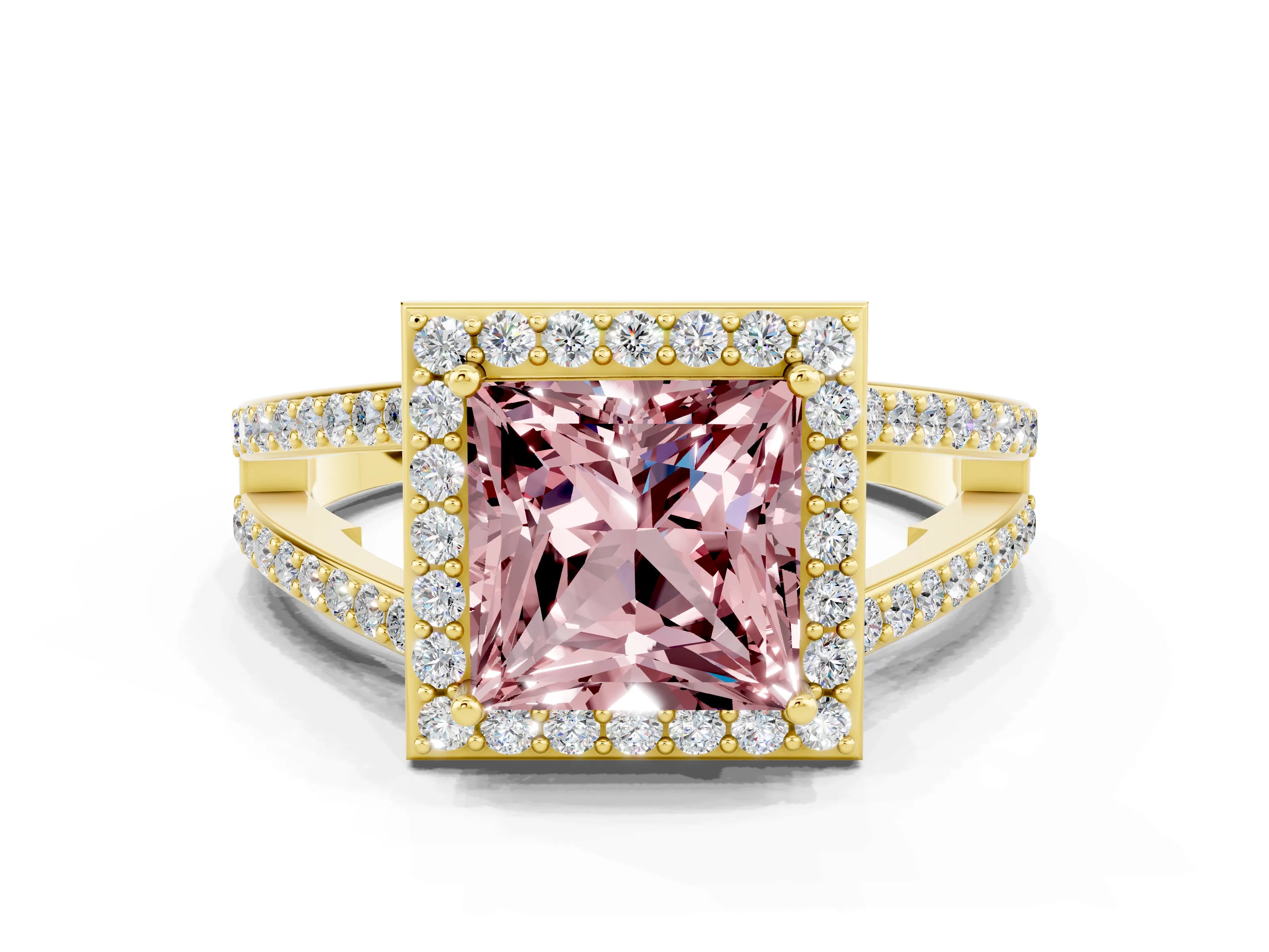 Yellow gold Princess Cut Morganite Halo Ring with Split Shank U-Prong Band and Four-Prong Setting