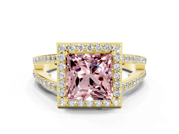 Yellow gold Princess Cut Morganite Halo Ring with Split Shank U-Prong Band and Four-Prong Setting