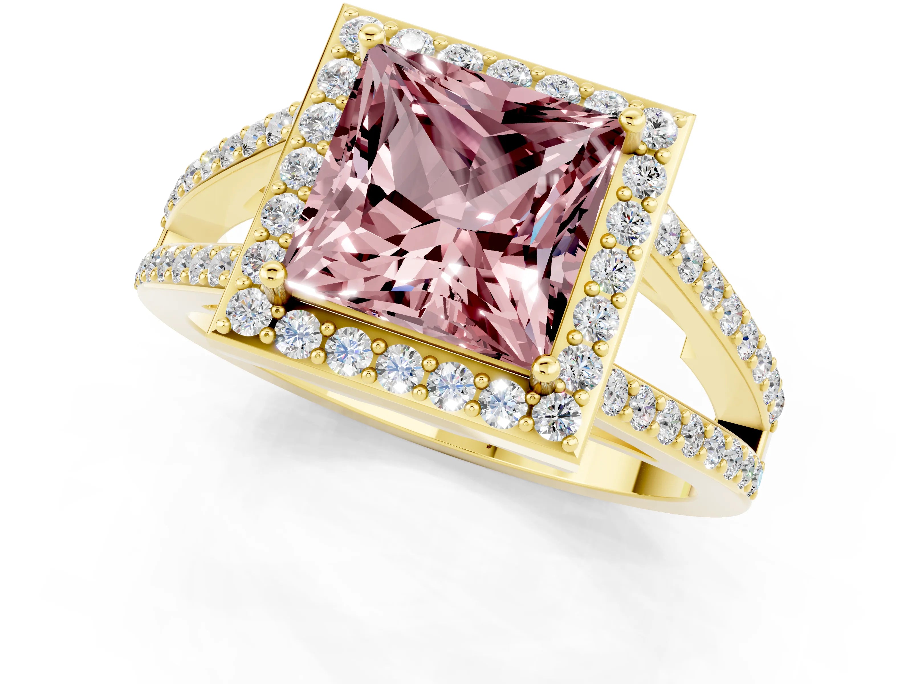 Yellow gold Princess Cut Morganite Halo Ring with Split Shank U-Prong Band and Four-Prong Setting_1