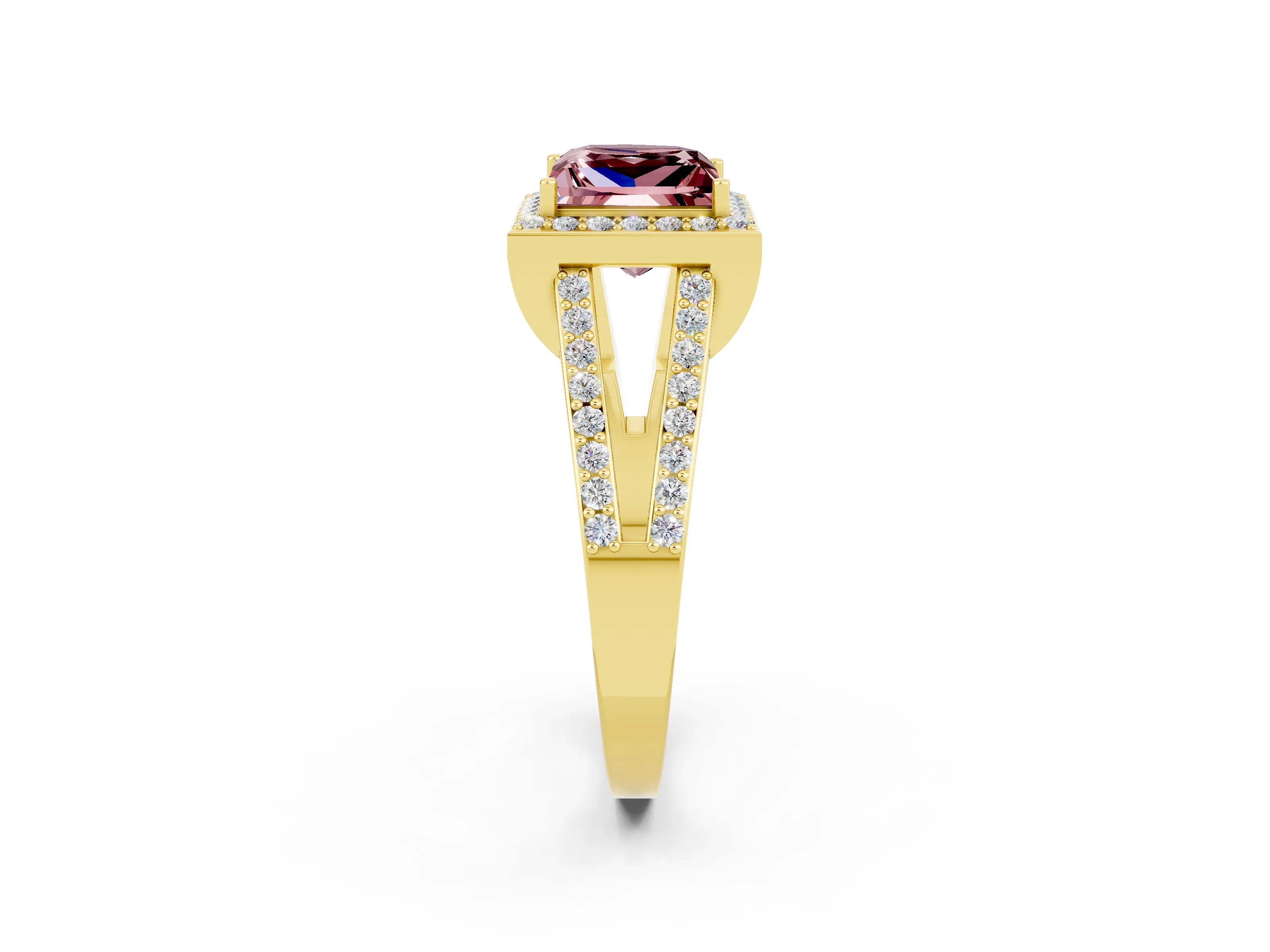 Yellow gold Princess Cut Morganite Halo Ring with Split Shank U-Prong Band and Four-Prong Setting_2