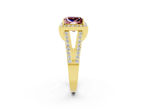 Yellow gold Princess Cut Morganite Halo Ring with Split Shank U-Prong Band and Four-Prong Setting