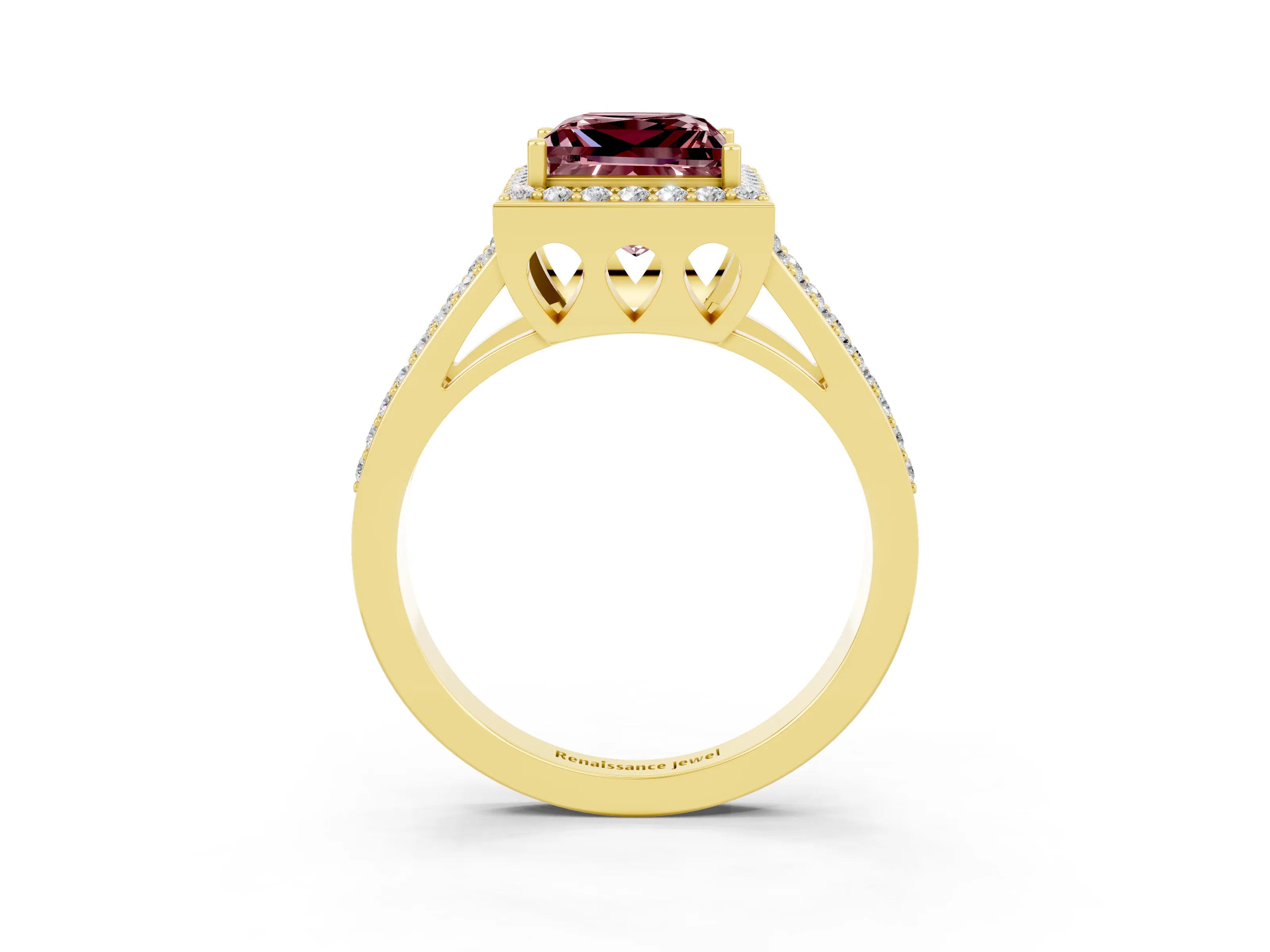 Yellow gold Princess Cut Morganite Halo Ring with Split Shank U-Prong Band and Four-Prong Setting_3
