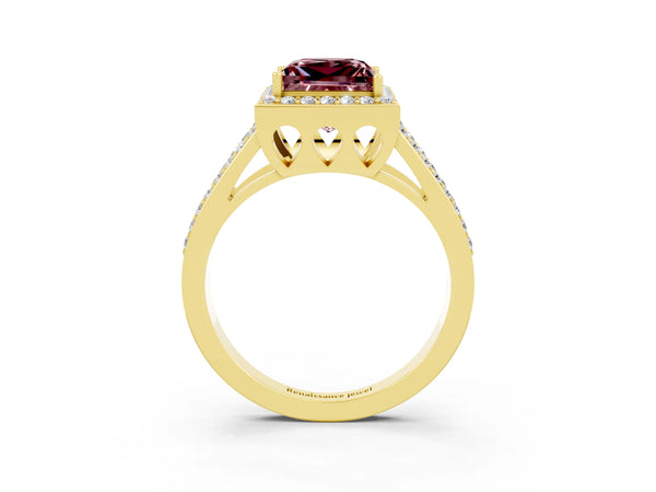 Yellow gold Princess Cut Morganite Halo Ring with Split Shank U-Prong Band and Four-Prong Setting