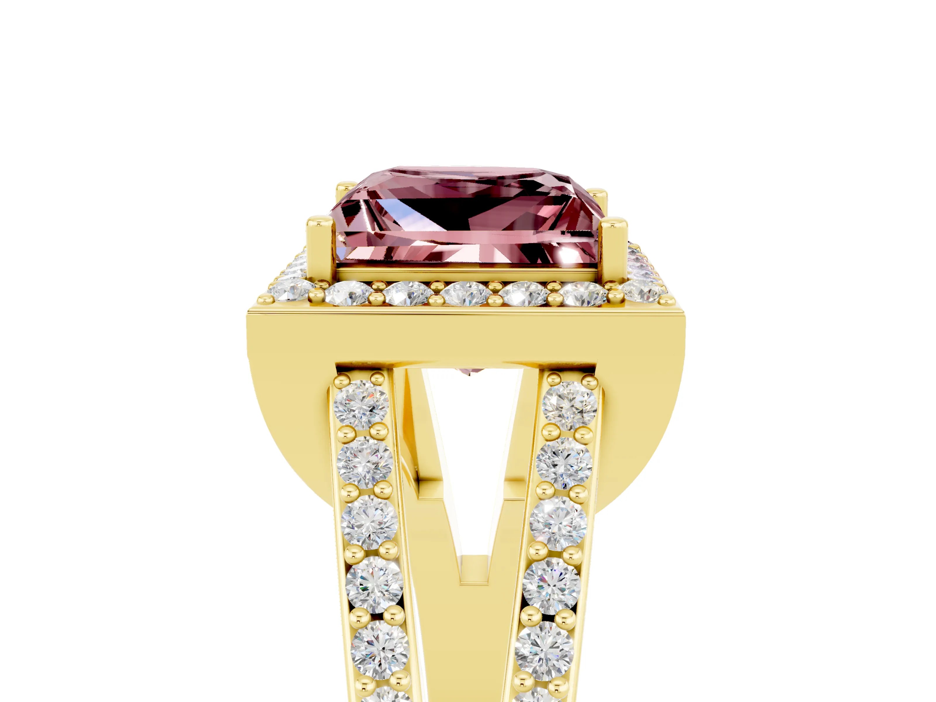 Yellow gold Princess Cut Morganite Halo Ring with Split Shank U-Prong Band and Four-Prong Setting_5
