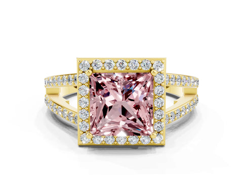 Yellow gold Princess Cut Morganite Halo Ring with Split Shank U-Prong Band and Four-Prong Setting