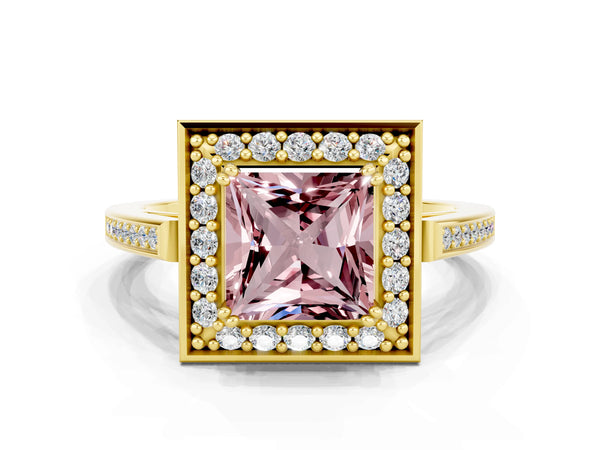 Yellow gold Princess Cut Morganite Halo Ring with Split Shank and Four-Prong Setting