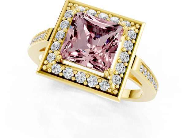 Yellow gold Princess Cut Morganite Halo Ring with Split Shank and Four-Prong Setting