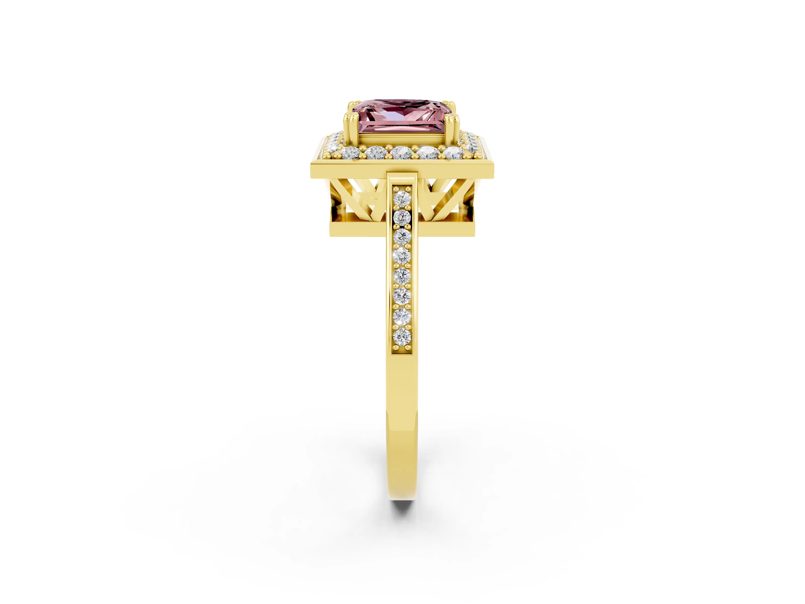 Yellow gold Princess Cut Morganite Halo Ring with Split Shank and Four-Prong Setting_2