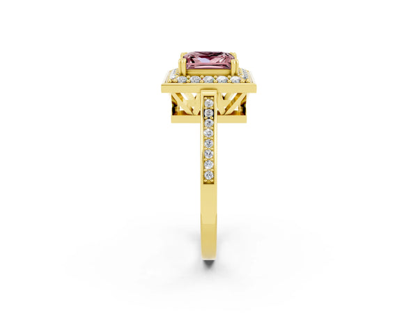 Yellow gold Princess Cut Morganite Halo Ring with Split Shank and Four-Prong Setting