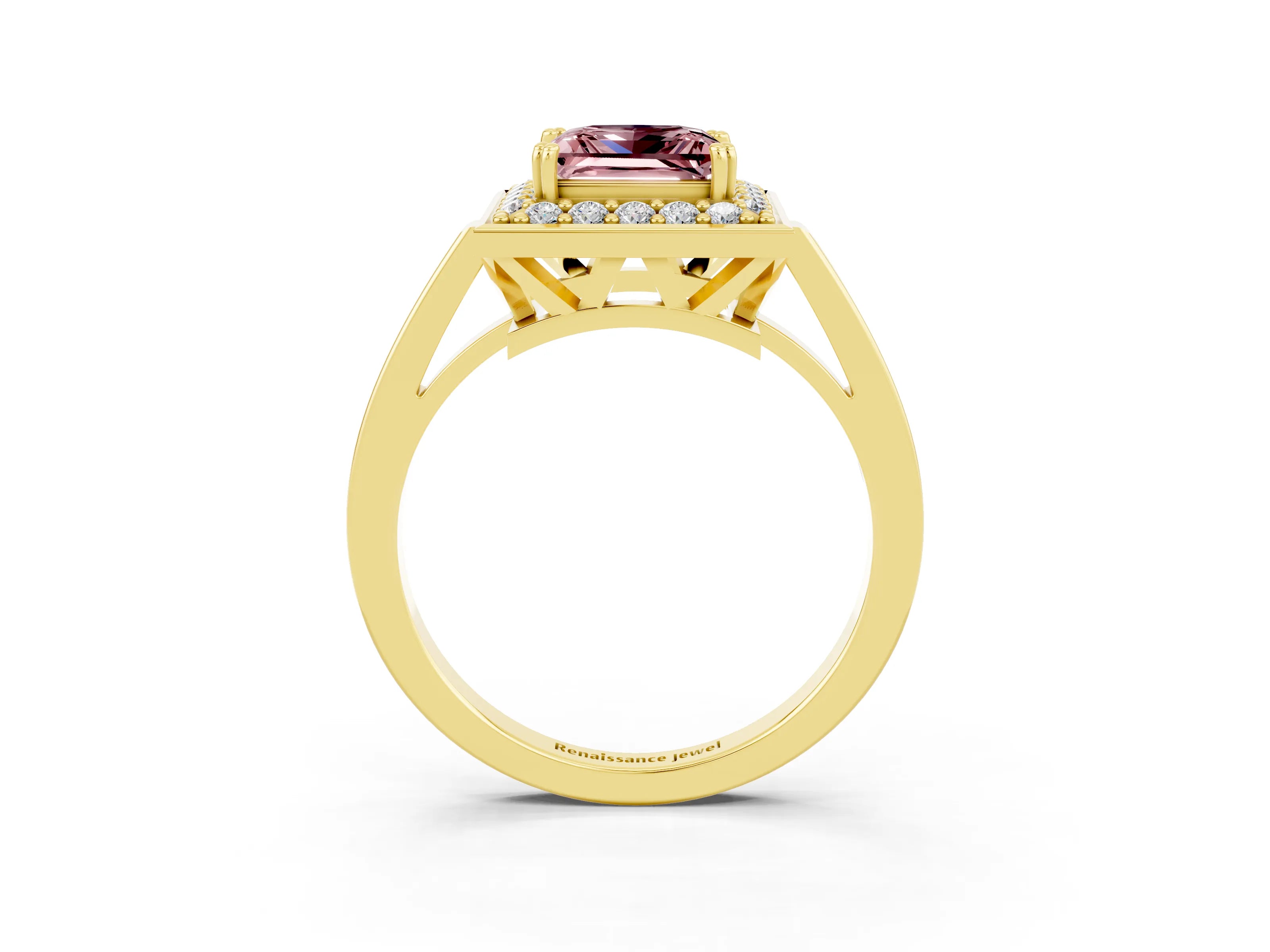 Yellow gold Princess Cut Morganite Halo Ring with Split Shank and Four-Prong Setting_3
