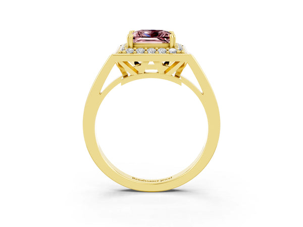 Yellow gold Princess Cut Morganite Halo Ring with Split Shank and Four-Prong Setting