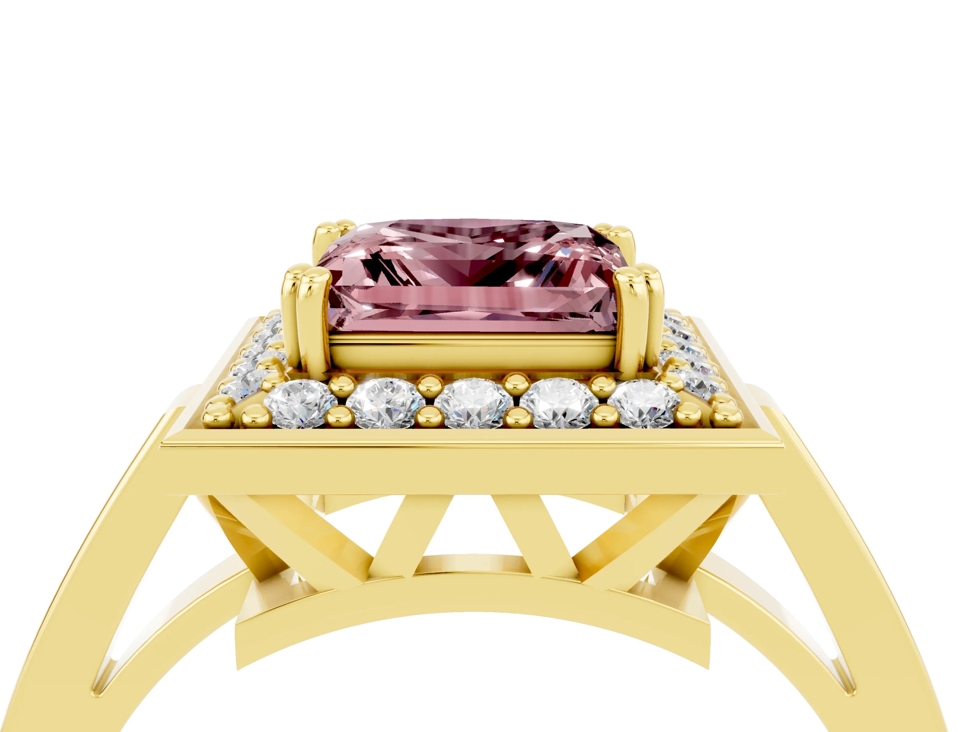 Yellow gold Princess Cut Morganite Halo Ring with Split Shank and Four-Prong Setting_4