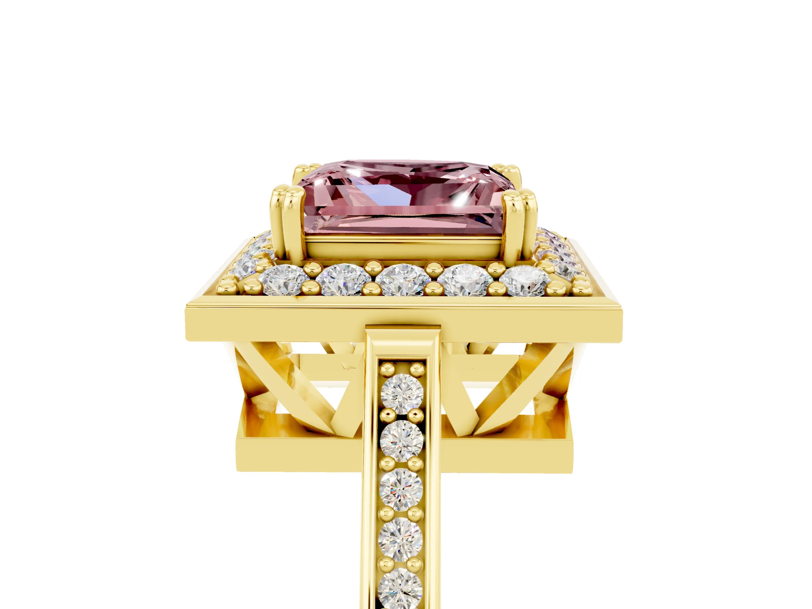Yellow gold Princess Cut Morganite Halo Ring with Split Shank and Four-Prong Setting_5