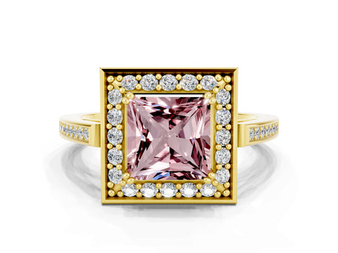 Yellow gold Princess Cut Morganite Halo Ring with Split Shank and Four-Prong Setting