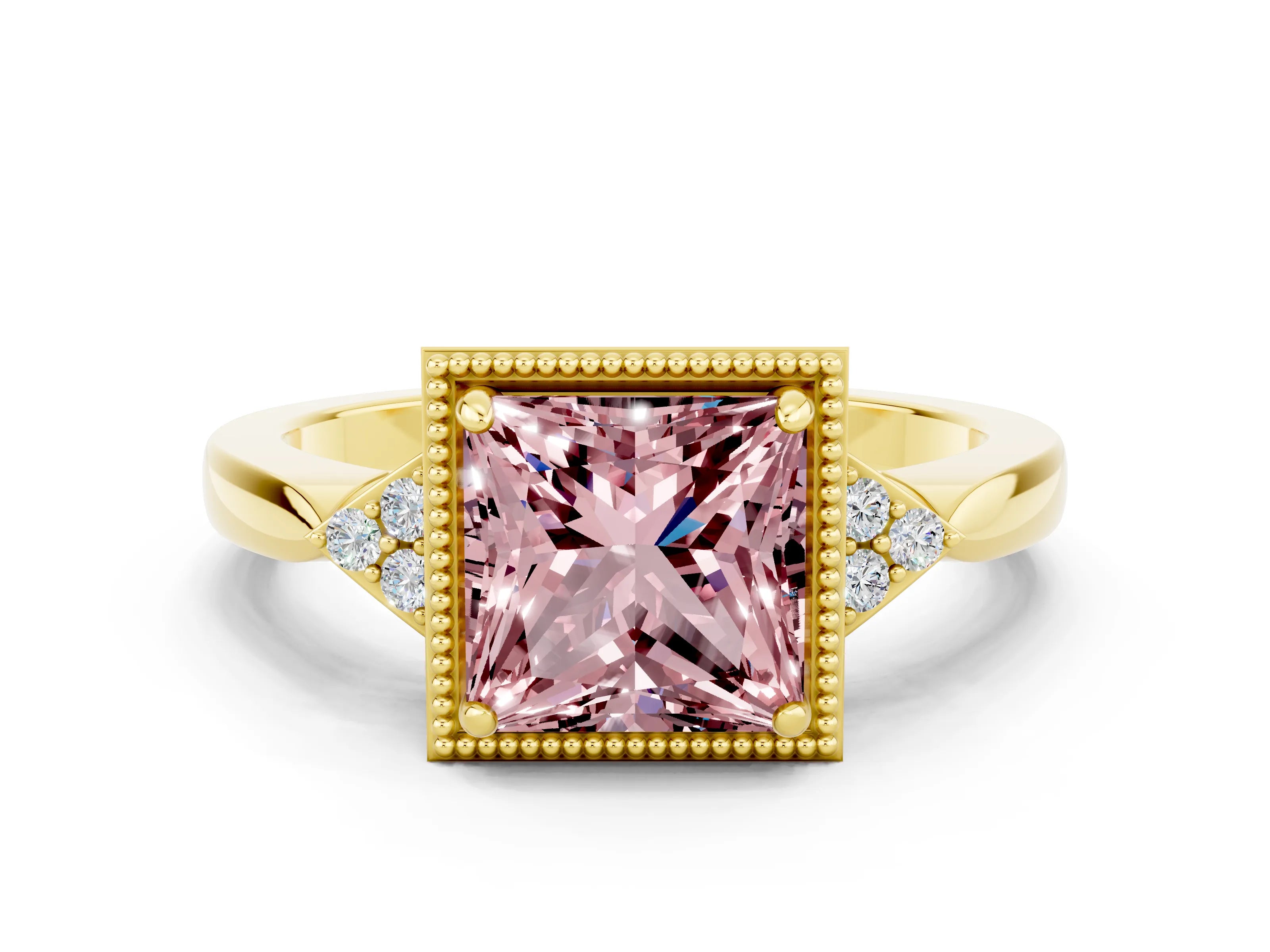 Yellow gold Princess Cut Morganite Halo Ring with Tapered Band and Four-Prong Setting
