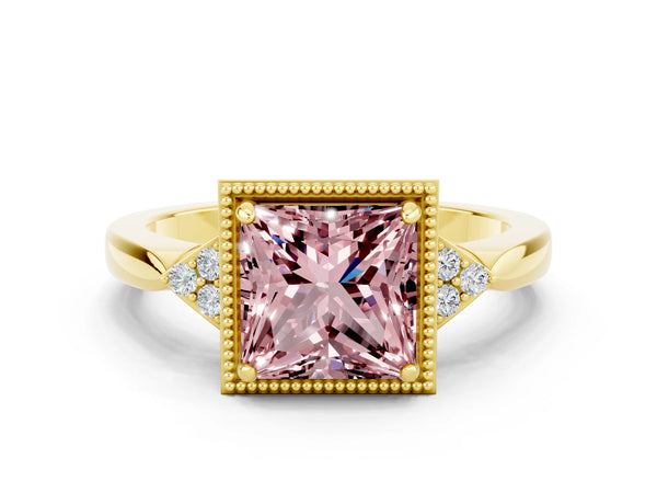 Yellow gold Princess Cut Morganite Halo Ring with Tapered Band and Four-Prong Setting