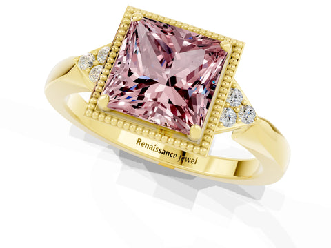 Yellow gold Princess Cut Morganite Halo Ring with Tapered Band and Four-Prong Setting_1