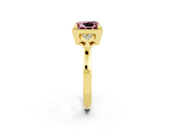 Yellow gold Princess Cut Morganite Halo Ring with Tapered Band and Four-Prong Setting