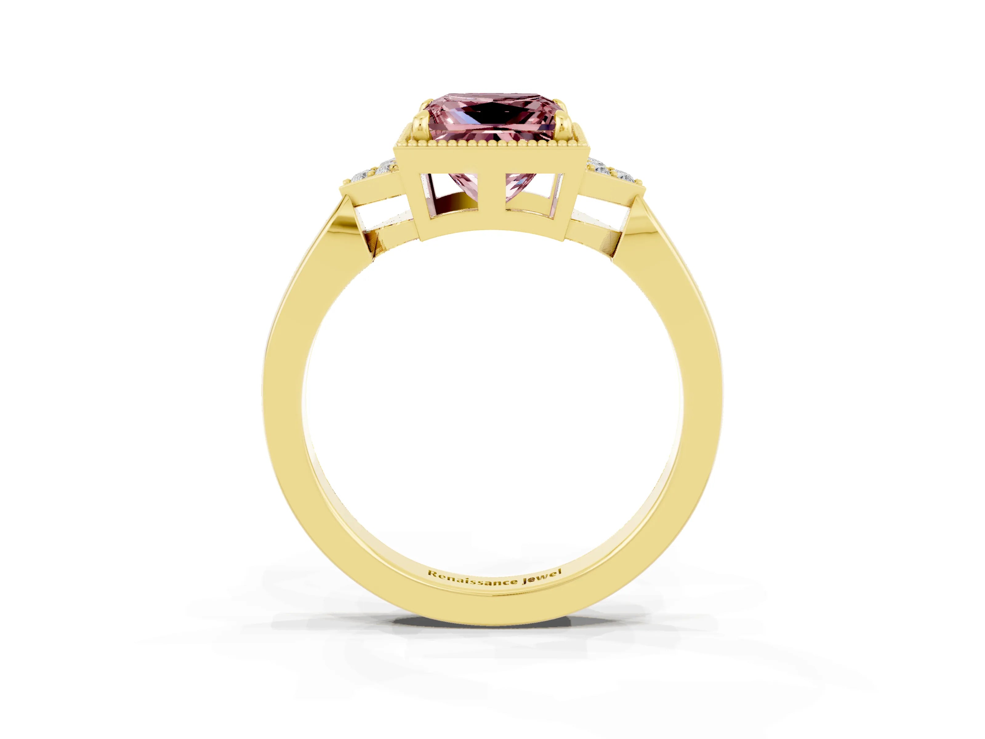 Yellow gold Princess Cut Morganite Halo Ring with Tapered Band and Four-Prong Setting_3