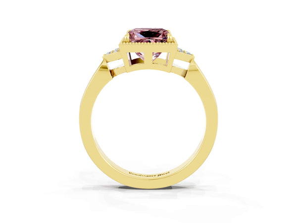 Yellow gold Princess Cut Morganite Halo Ring with Tapered Band and Four-Prong Setting