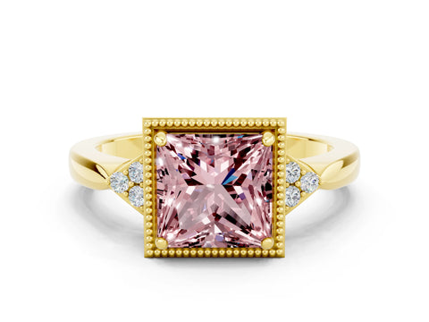 Yellow gold Princess Cut Morganite Halo Ring with Tapered Band and Four-Prong Setting