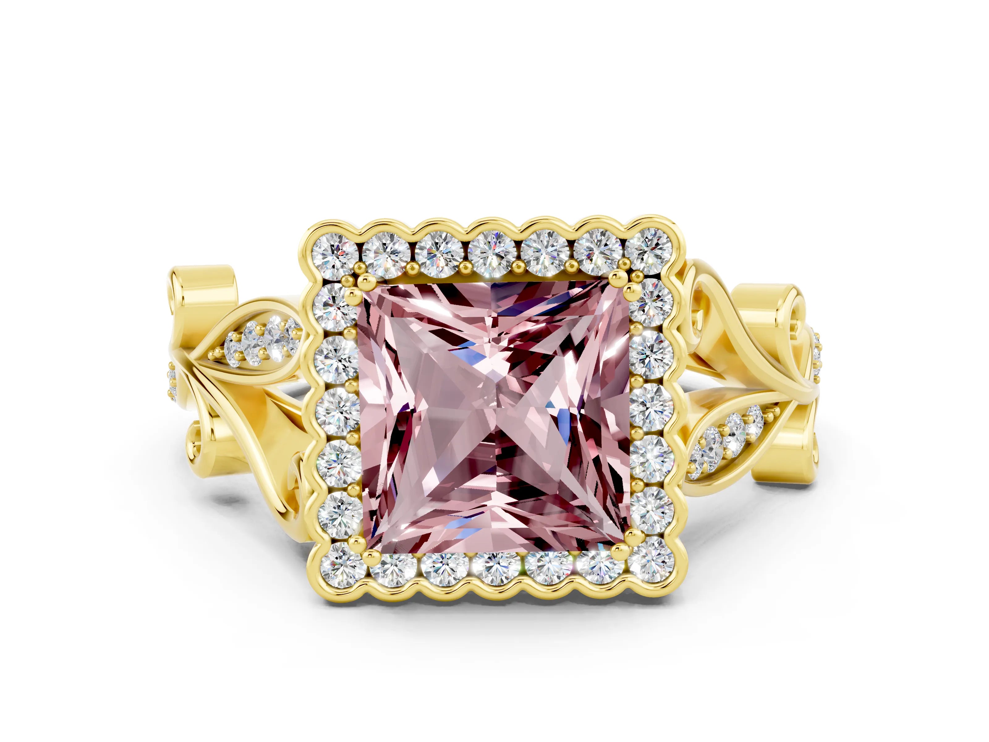 Yellow gold Princess Cut Morganite Halo Ring with Vintage Split Shank and Four-Prong Setting