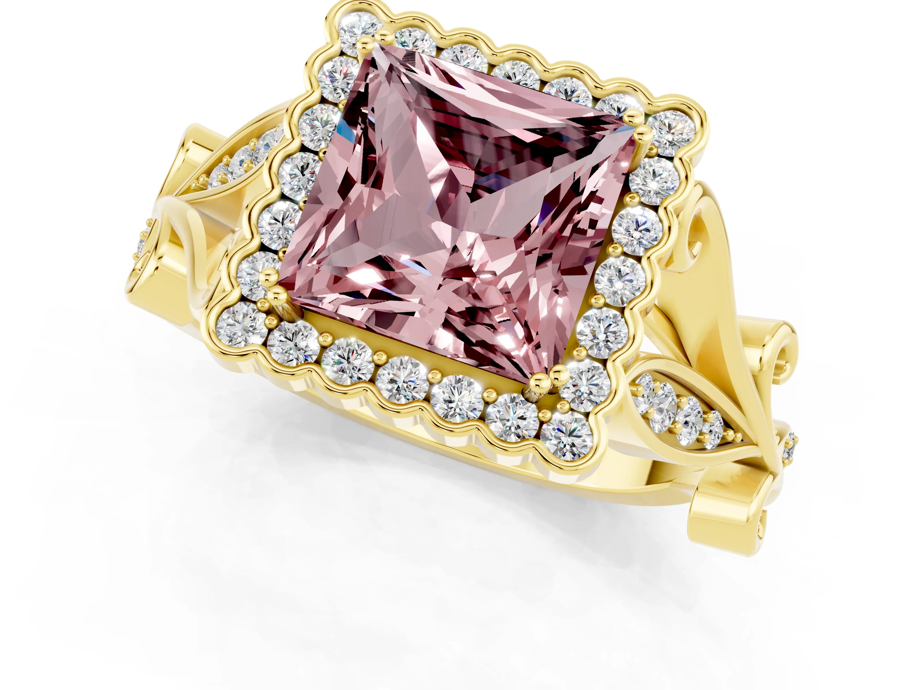 Yellow gold Princess Cut Morganite Halo Ring with Vintage Split Shank and Four-Prong Setting_1