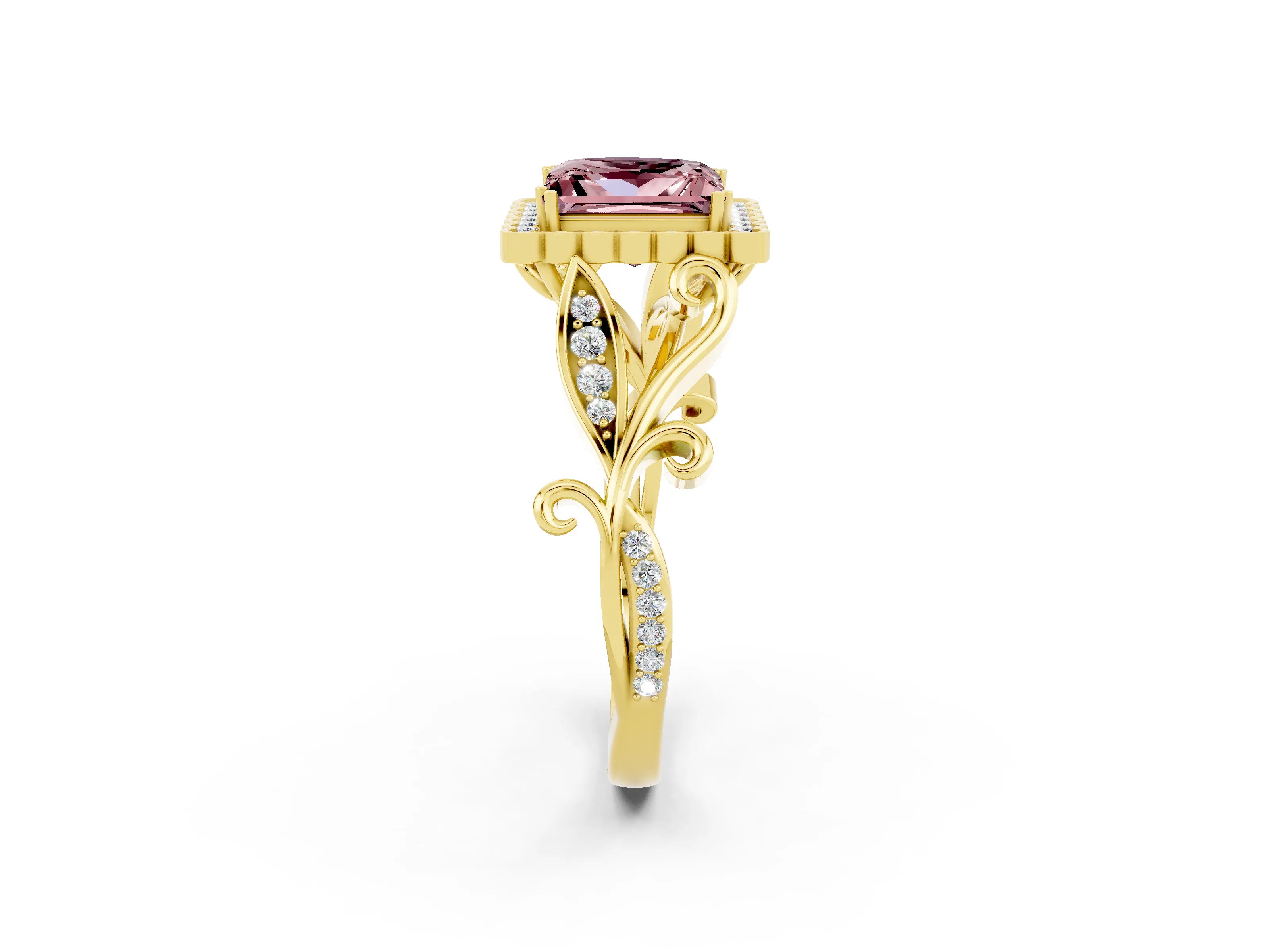 Yellow gold Princess Cut Morganite Halo Ring with Vintage Split Shank and Four-Prong Setting_2