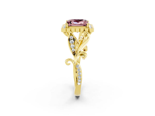 Yellow gold Princess Cut Morganite Halo Ring with Vintage Split Shank and Four-Prong Setting