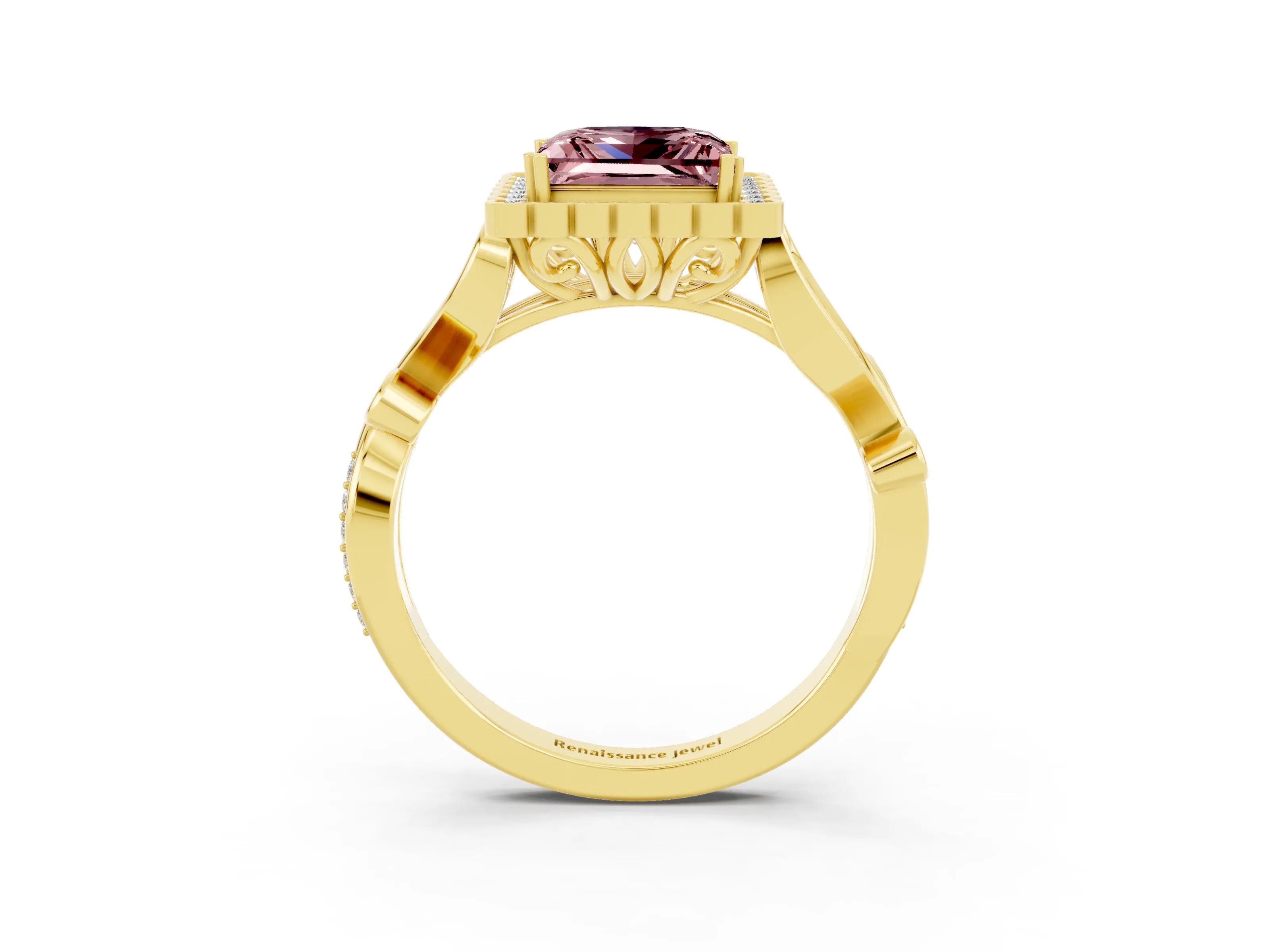 Yellow gold Princess Cut Morganite Halo Ring with Vintage Split Shank and Four-Prong Setting_3