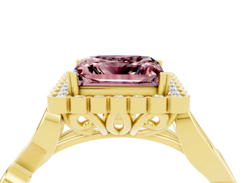 Yellow gold Princess Cut Morganite Halo Ring with Vintage Split Shank and Four-Prong Setting_4
