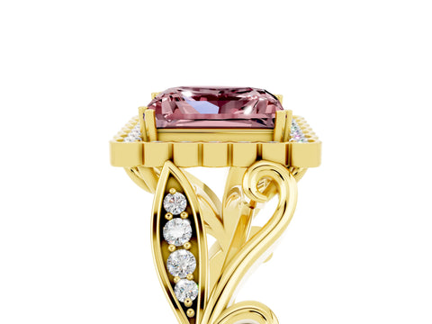 Yellow gold Princess Cut Morganite Halo Ring with Vintage Split Shank and Four-Prong Setting_5