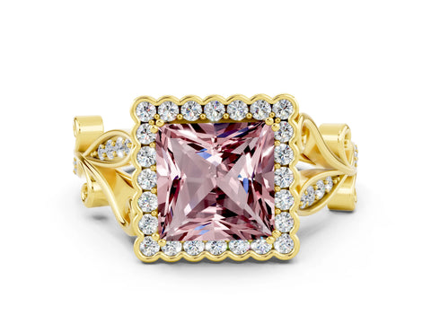Yellow gold Princess Cut Morganite Halo Ring with Vintage Split Shank and Four-Prong Setting