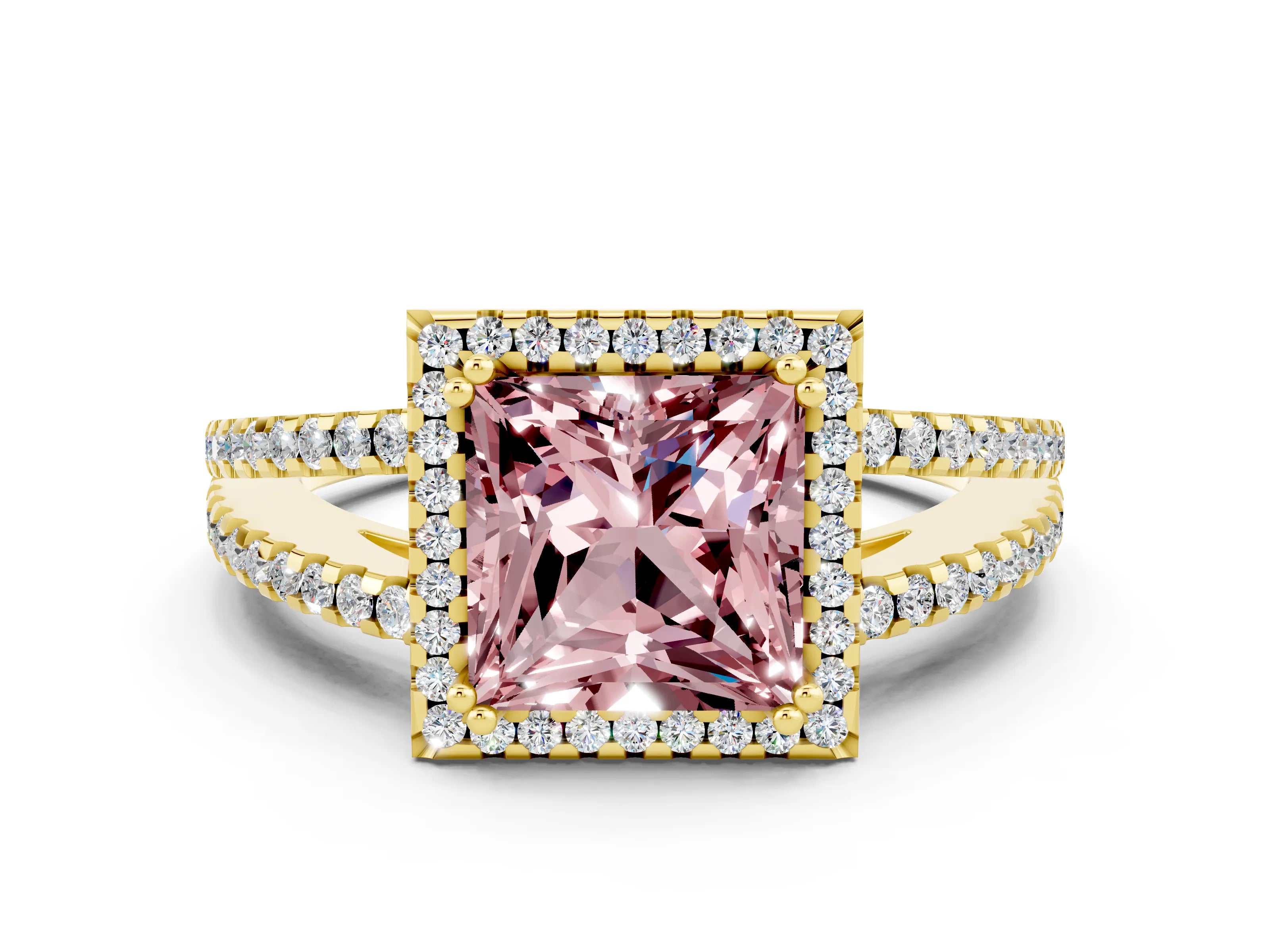 Yellow gold Princess Cut Morganite Halo Split Shank Engagement Ring_12