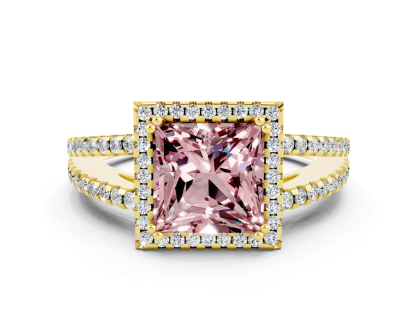 Yellow gold Princess Cut Morganite Halo Split Shank Engagement Ring