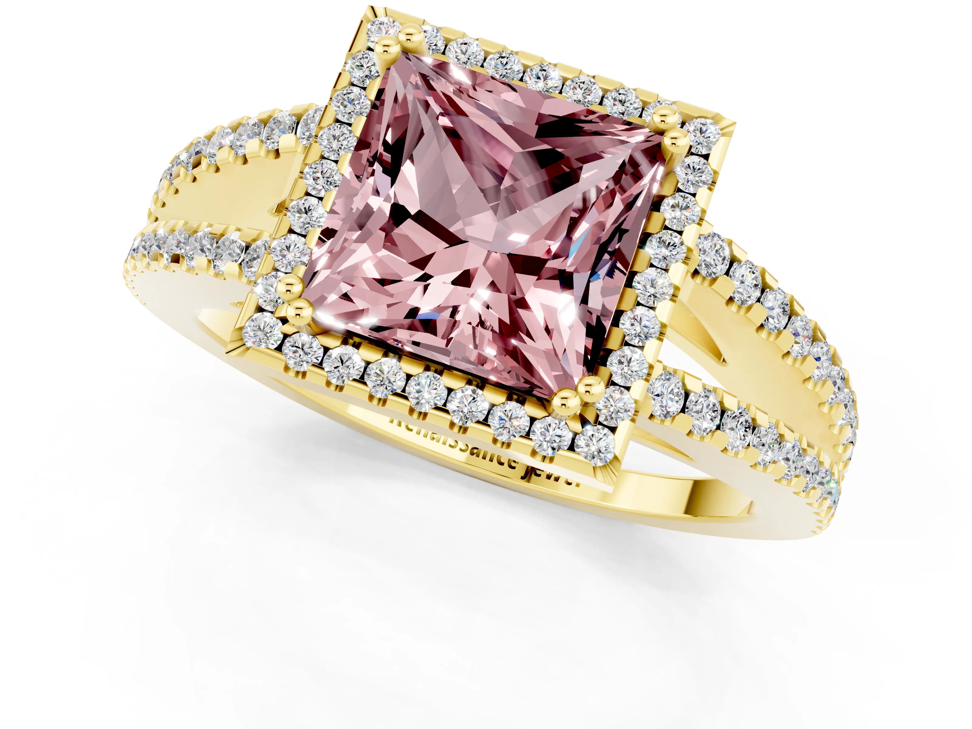 Yellow gold Princess Cut Morganite Halo Split Shank Engagement Ring_13