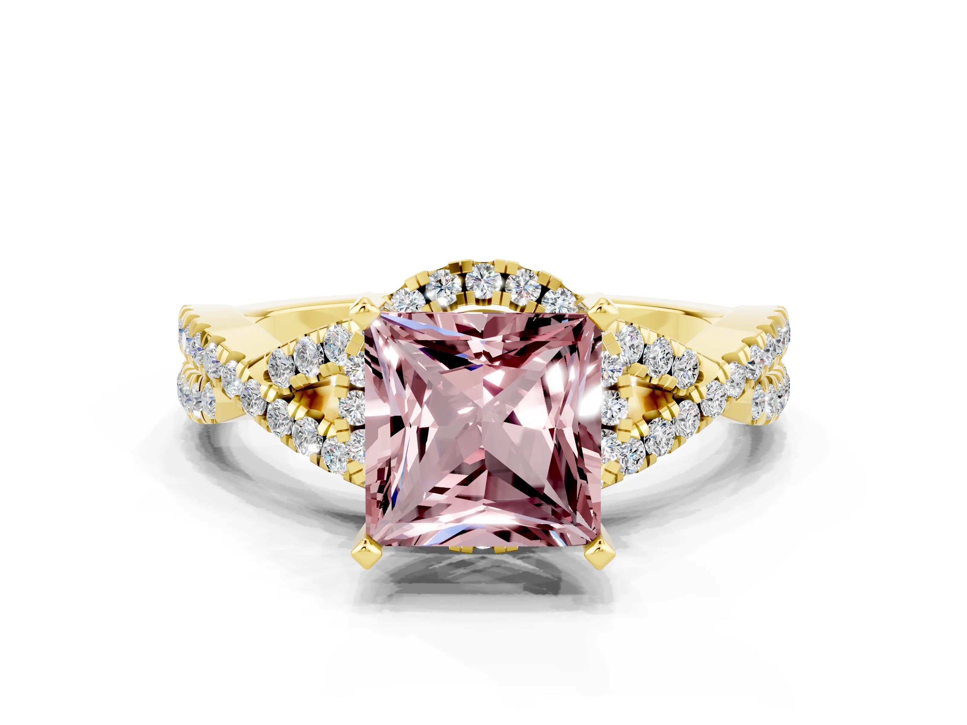 Yellow gold Princess Cut Morganite Halo Twist Band Solitaire Prong Setting Ring