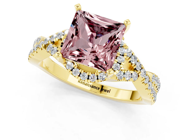 Yellow gold Princess Cut Morganite  Halo Twist Band Solitaire Prong Setting Ring